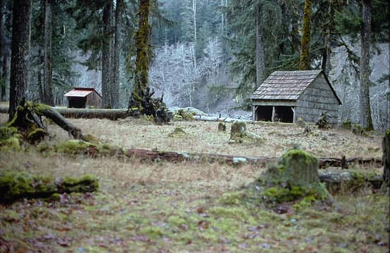 Hiker's shelter and horse stable at Elkhorn before being moved  Elwha River  December 1991