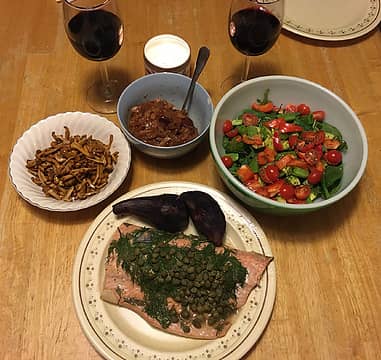 wild coho filet with purple yam, chanterelle mushrooms, and salad 10/14/21